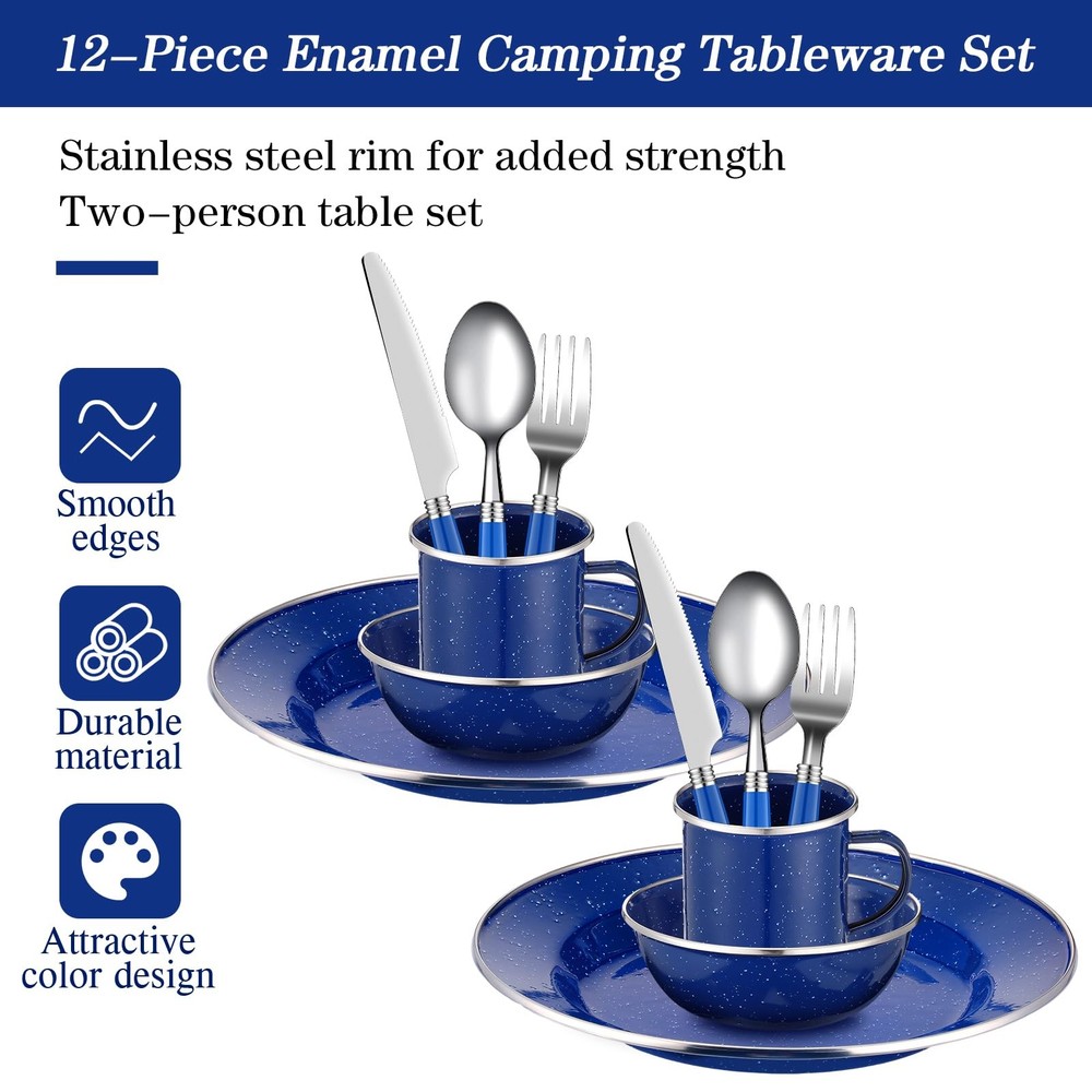 12 Pcs Enamel Camping Tableware Set Dinnerware Kit Includes 12 oz Coffee Mugs...
