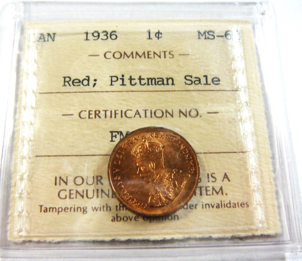 1936 1c ICCS MS-63 Red Pittman Sale Canada Cent