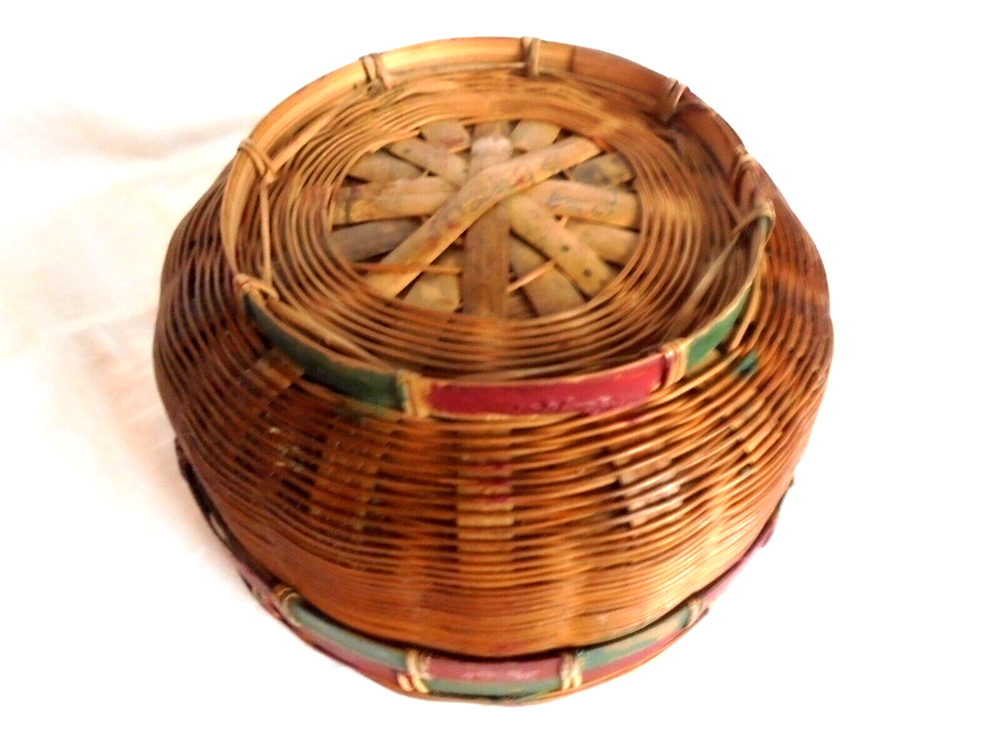 Vintage Small Round 4.5" Diameter Wicker Sewing Basket or Button Basket