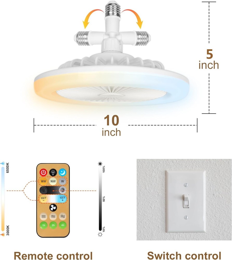 10" Adjustable E27 Socket Ceiling Fan Light 3-Color Temp LED Chandelier w/Remote