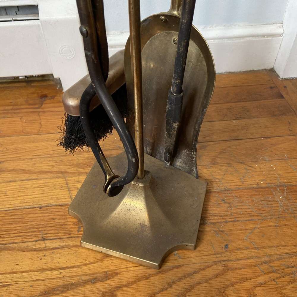 Antique Brass Fireplace Tools And 21” Brass Andirons