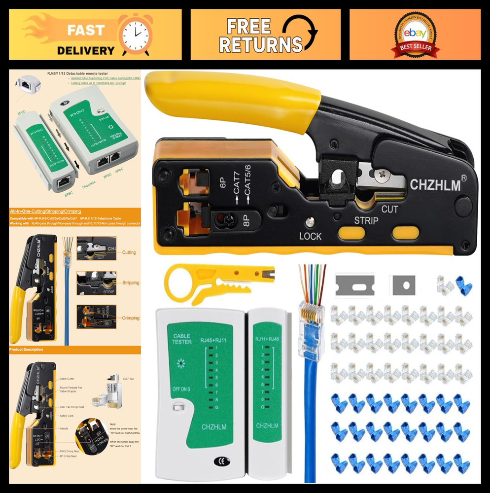 Ethernet Crimping Tool Kit - RJ45 Pass-Through Crimper, Cable Tester, Stripper,