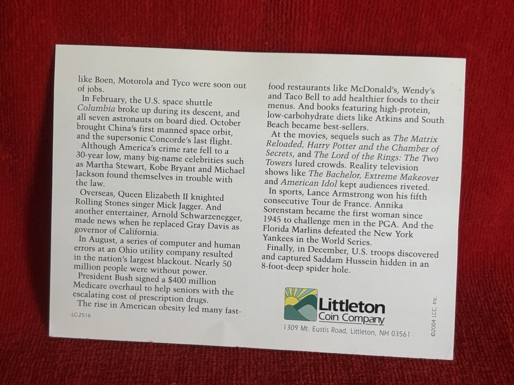 2003 US Proof Set Divider Card Yellow Border