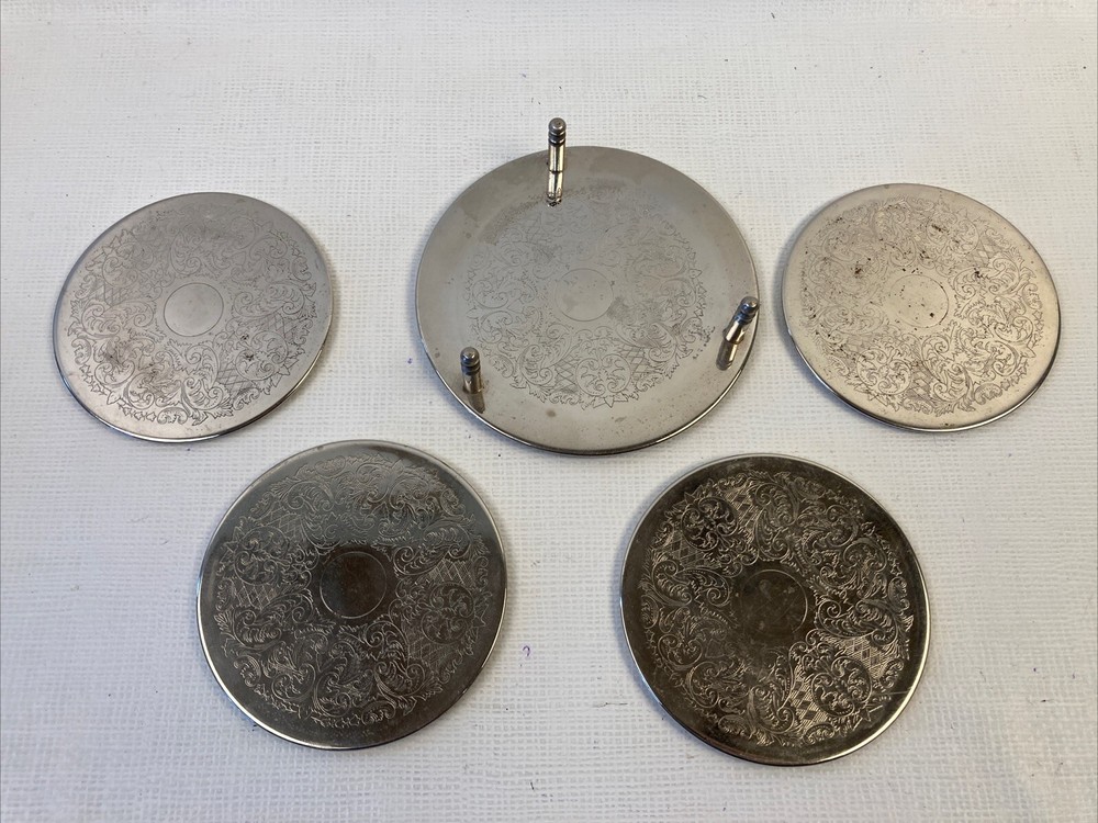 Silver Plated Embossed 4 Coaster Set & Holder GUC 5 Pieces Total