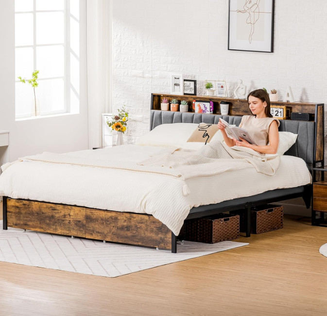 COMHOMA King Bed w/ LED Lights, USB Ports & Storage, No Box Spring Needed