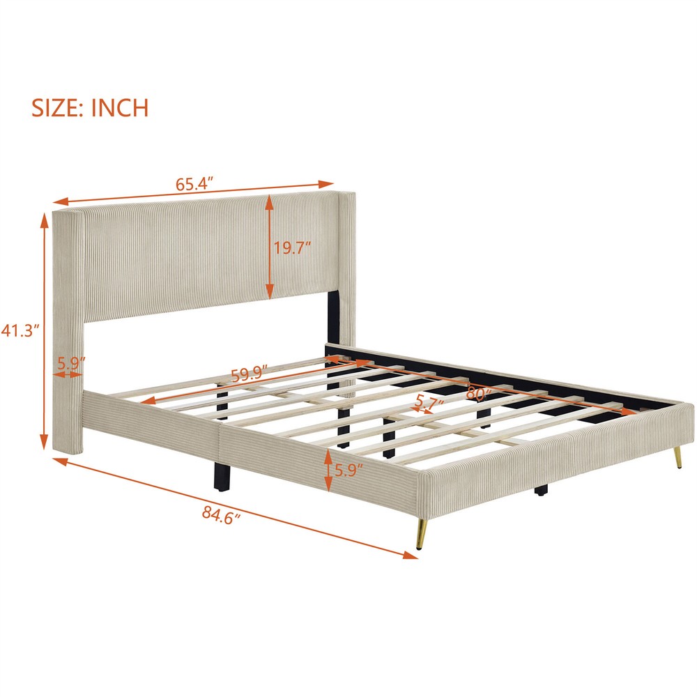 Queen Size Bed Frame Upholstered Platform Bed w/ Upholstered Headboard Beige New