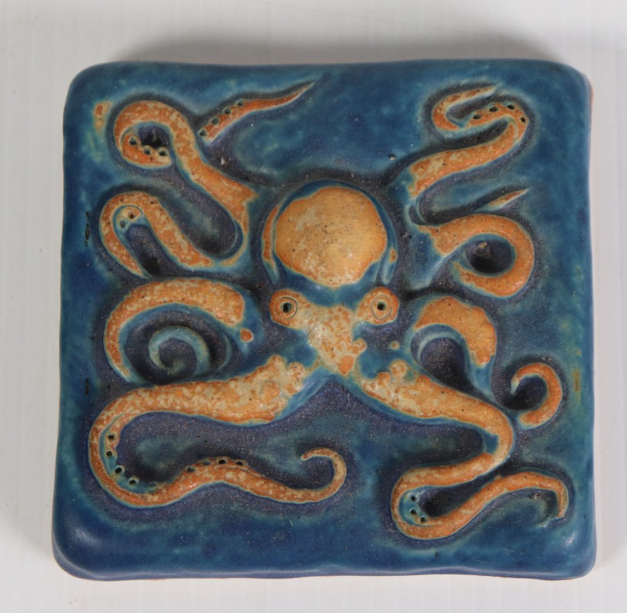 VTG Gretchen Kramp Ceramic Tile Octopus Wall Art Blue Studio Pottery (a3)