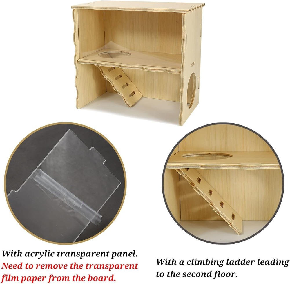 Double-Decker Hamster Hide, Wooden Hut, Acrylic Panel, Syrian, Gerbil, Mouse