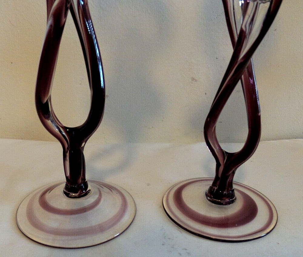 TWO MODEREST AMETHYST ART GLASS CANDLESTICKS SWIRL PATTERN WITH TWISTED DESIGN