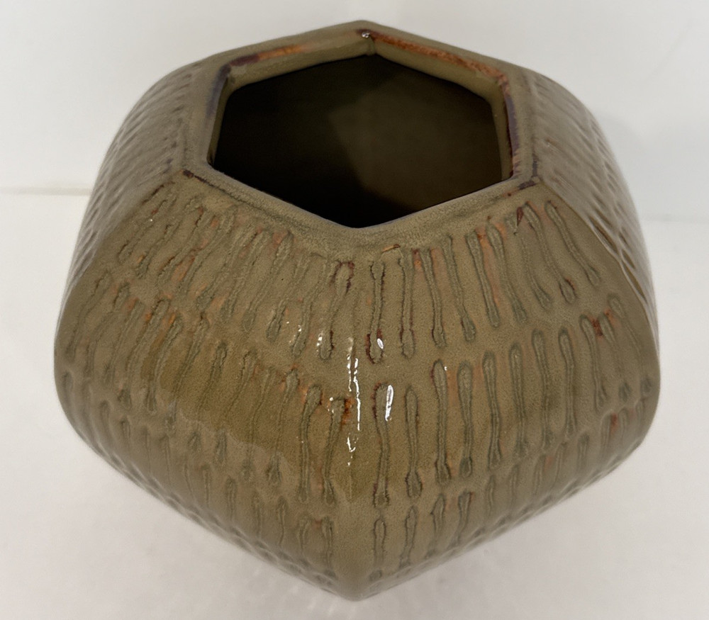 Ceramic Planter Vase Brown Green Six Sided 5x7"