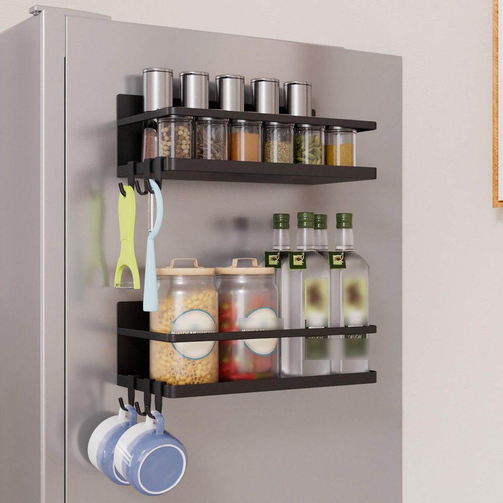 KMUZAWN Magnetic Spice Rack for Refrigerator, 2 Pack 2 Pack, Black