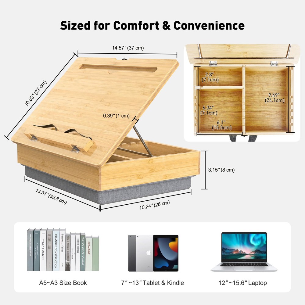 Book Stand for Reading with Storage, Adjustable Bamboo Book Holder with Soft ...