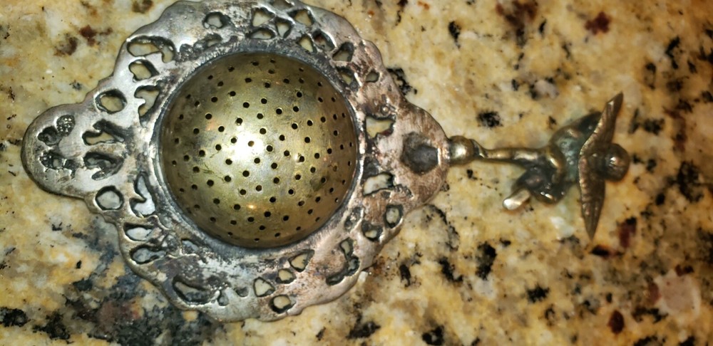 Ornate Antique Tea Strainer - Etched - Unknown Origin - see pics Cherub handle