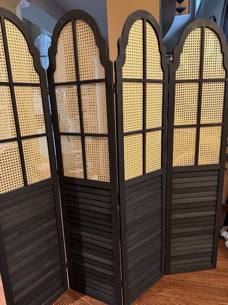 4-Panel Black Wood & Cane Room Divider Folding Screen Boho Coastal Style