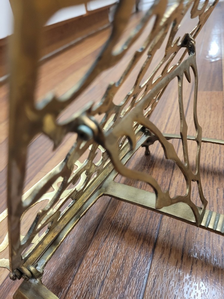 Vintage Ornate Brass Metal Book Stand, Adjustable & Foldable, Rectangular, 9"