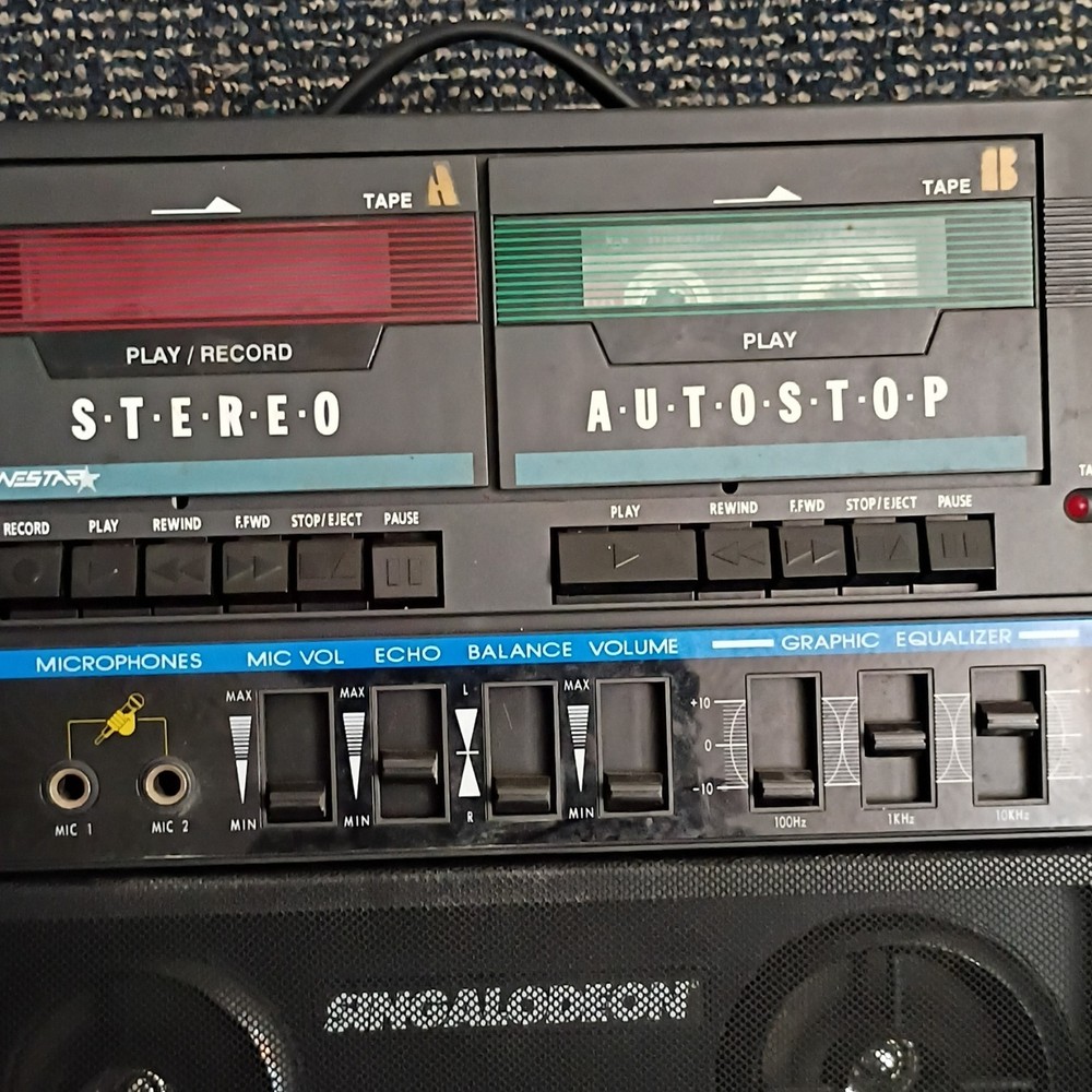 Lonestar K-5 Double Cassette Sing-Along Boombox Black Microphone Input Echo EQ