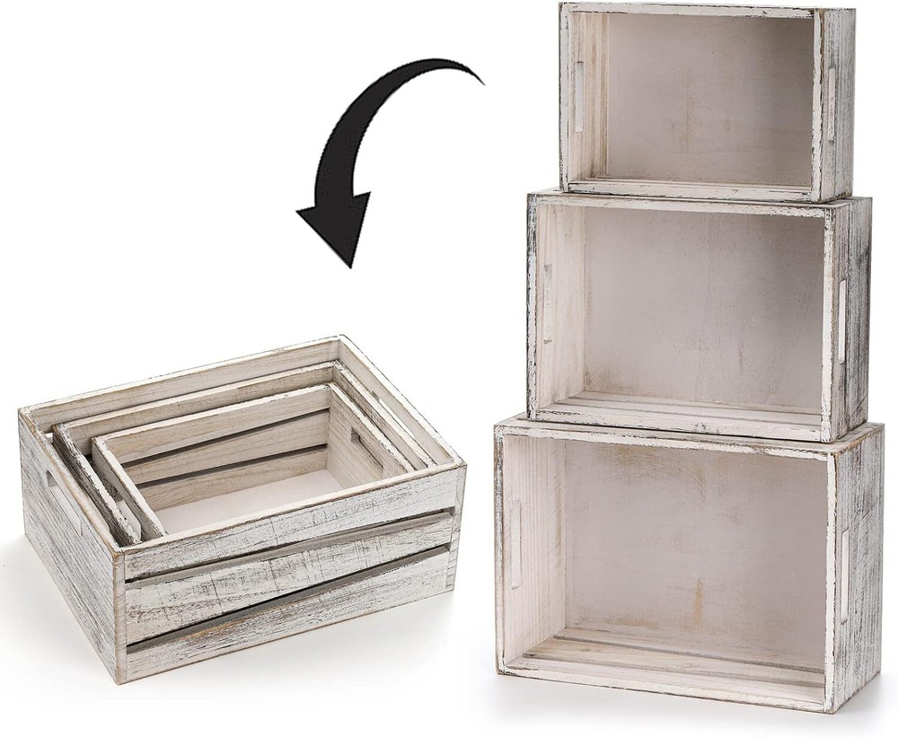 AVLA 3 Pack Wooden Storage Crates, Rustic Nesting Container Bin with...
