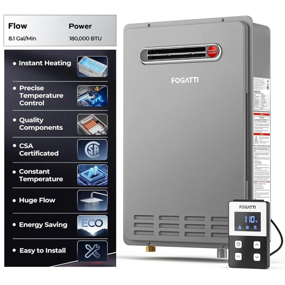 【90% NEW】Tankless Water Heater Outdoor, Natural Gas 26L 8.1GPM 180K BTU, Instant