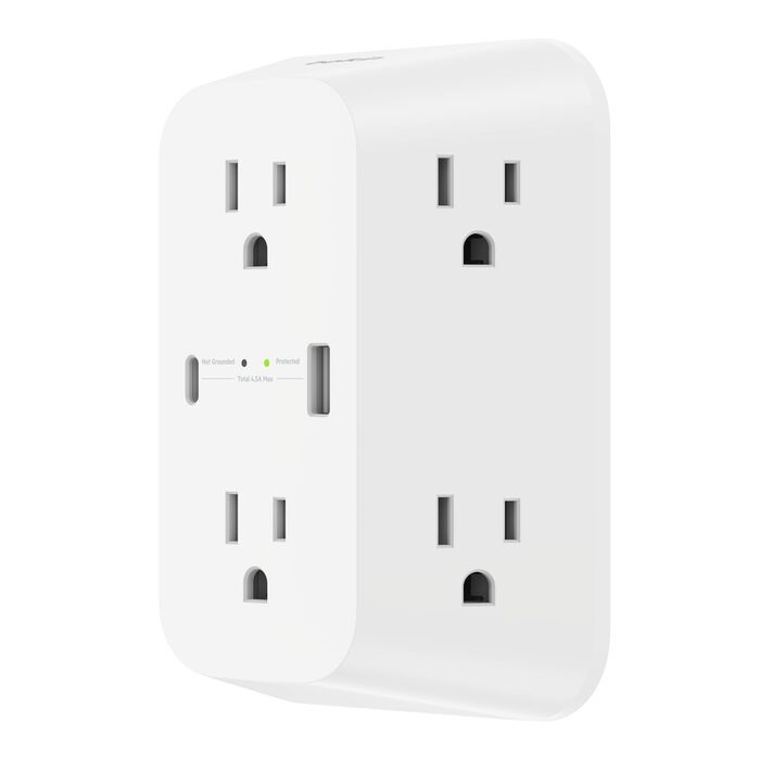 6 Outlet Wall Surge Protector with USB-C and USB-A, White