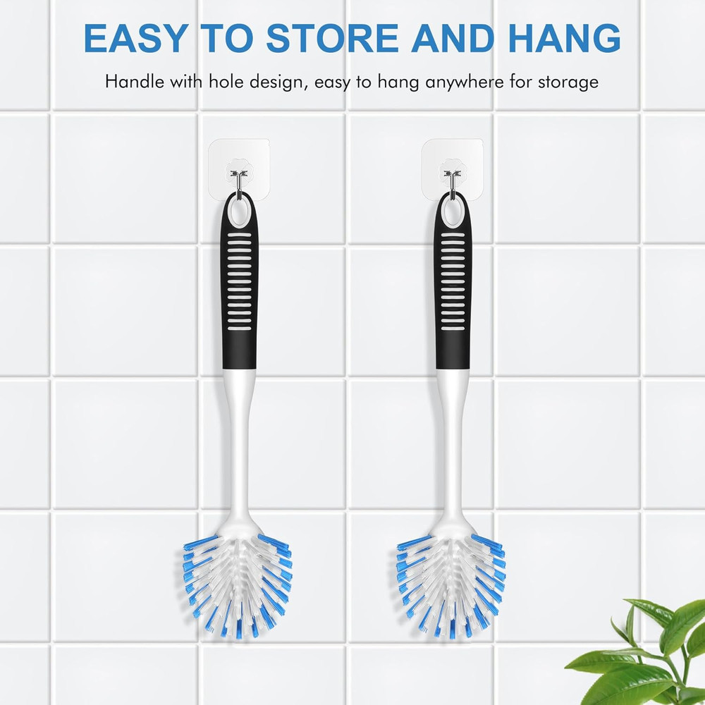 Dish Brush with Handle, 2 Pack Stiff Bristles Dish Scrubber with Built-In Scrape