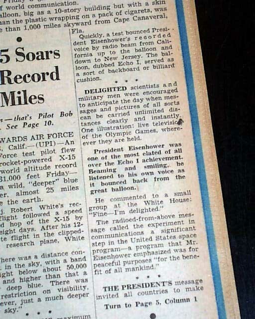 PROJECT ECHO 1st Communications Satellite Launch & Orbit Success 1960 Newspaper