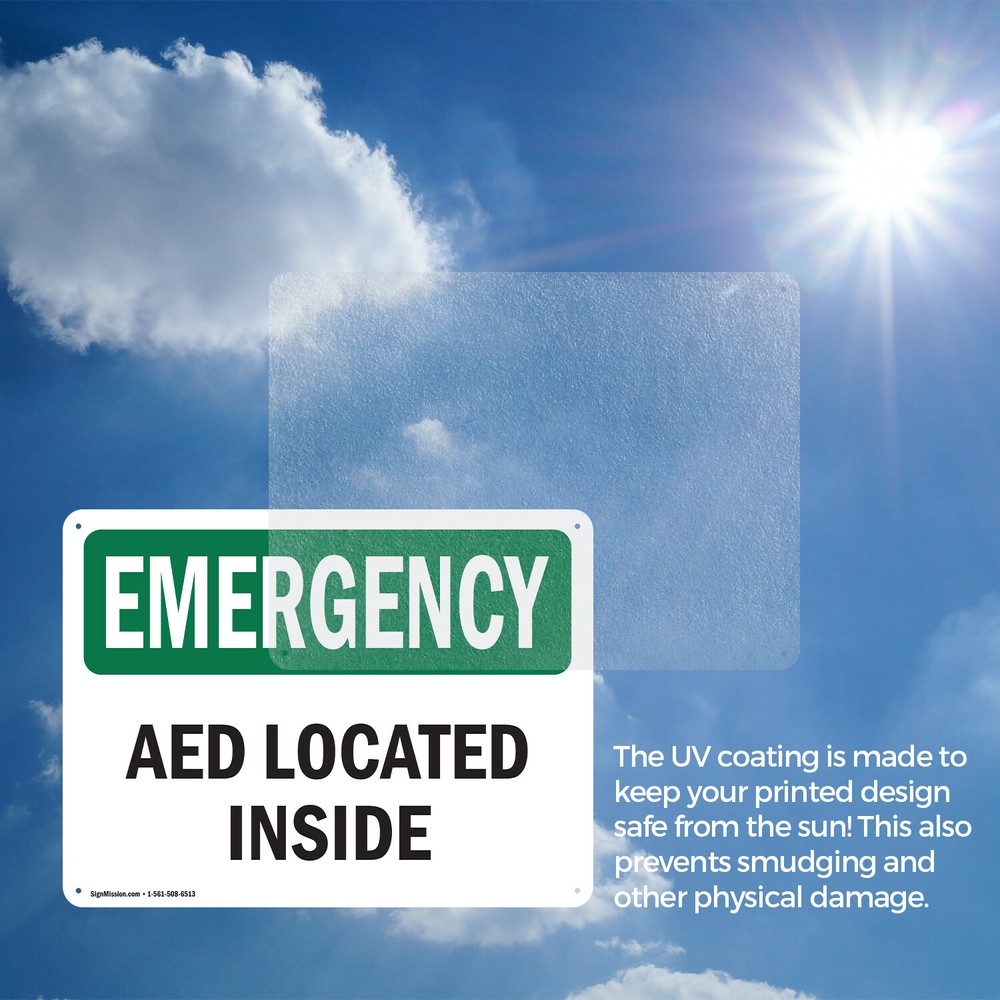 (2 Pack) AED Located Inside OSHA Emergency Sign Decal Metal Plastic