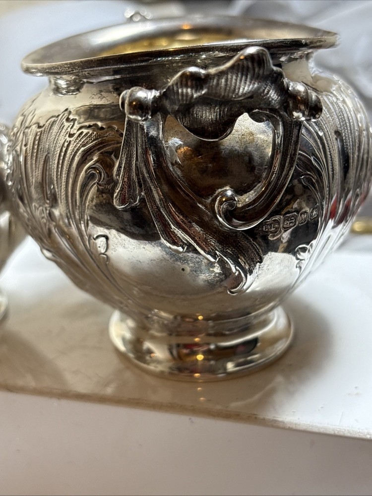 Antique Victorian Solid silver embossed Cream Jug&Sugar Elkington&co 1897.
