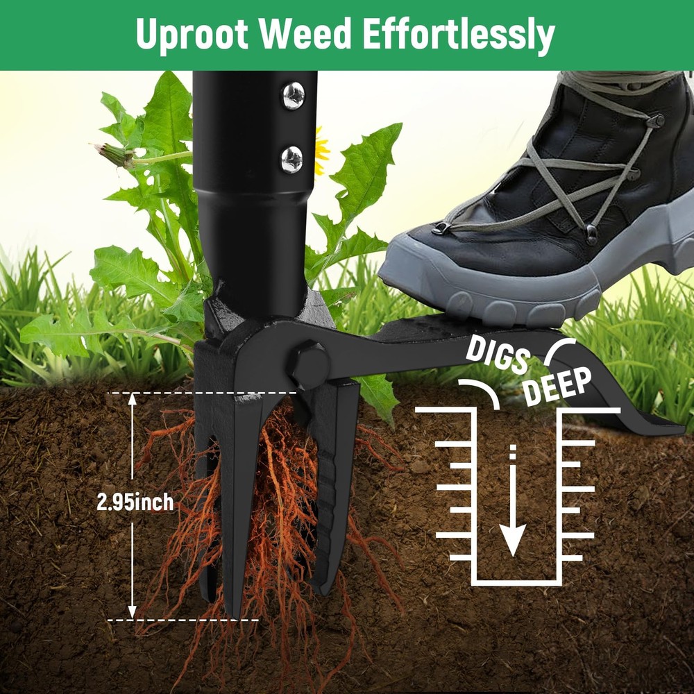 GOXAWEE Weed Puller Tool, 4-Claw Stand Up Weeder with Adjustable 46” Silver