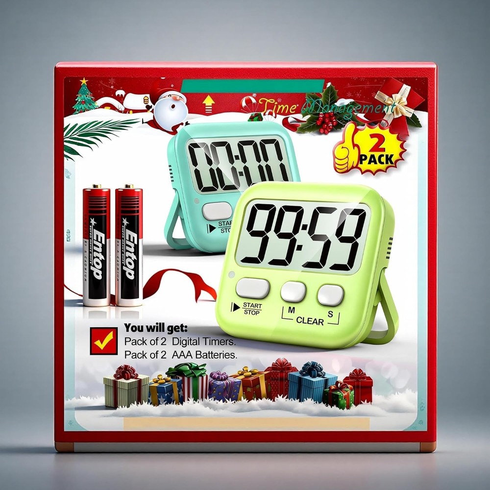Versatile 2 Pack Digital Kitchen & Classroom Timers - Loud Alert & Silent Modes