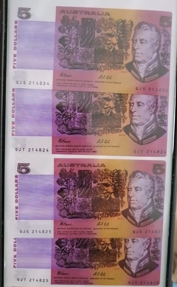 1991AUSTRALI $5 Fraser/Cole TWIN CONS PAIR Same serial Numbers Same Prefix 4note