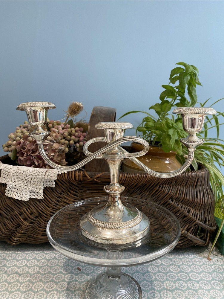 Vintage Silver Toned Weighted Candlestick Holder Candelabra Triple EBR