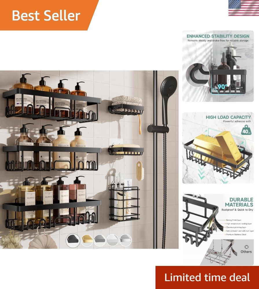 6-Piece Stainless Steel Shower Caddy Set - Rustproof, Adhesive Storage Solution