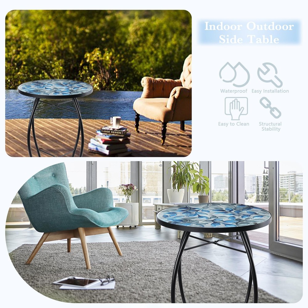 Side Patio Tables-Mosaic Outdoor Side Table - 14’’ Blue and Transparency Leaf...