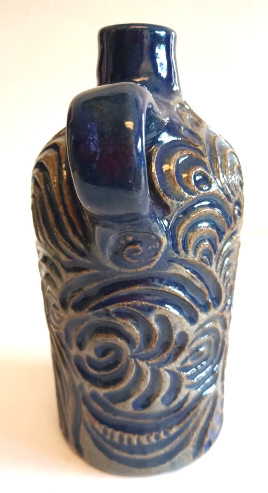 Studio Art Pottery Jug Raised Relief Blue Glazed Handle Signed