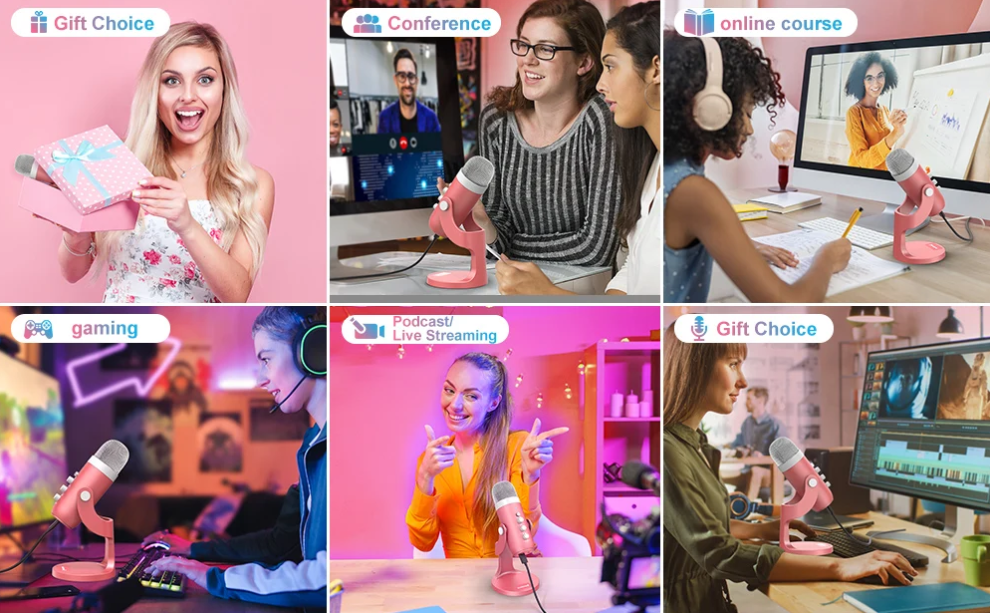 Gaming USB Pink Microphone with Quick Mute for Phone Computer PC PS5, Studio