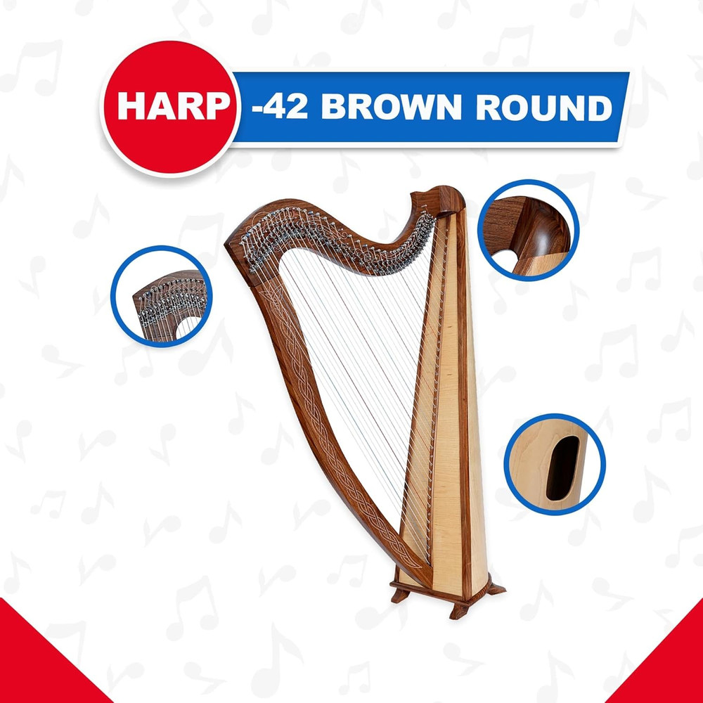 42 Strings round Brown Celtic Irish Lever Harp with Extra Strings and Tuner