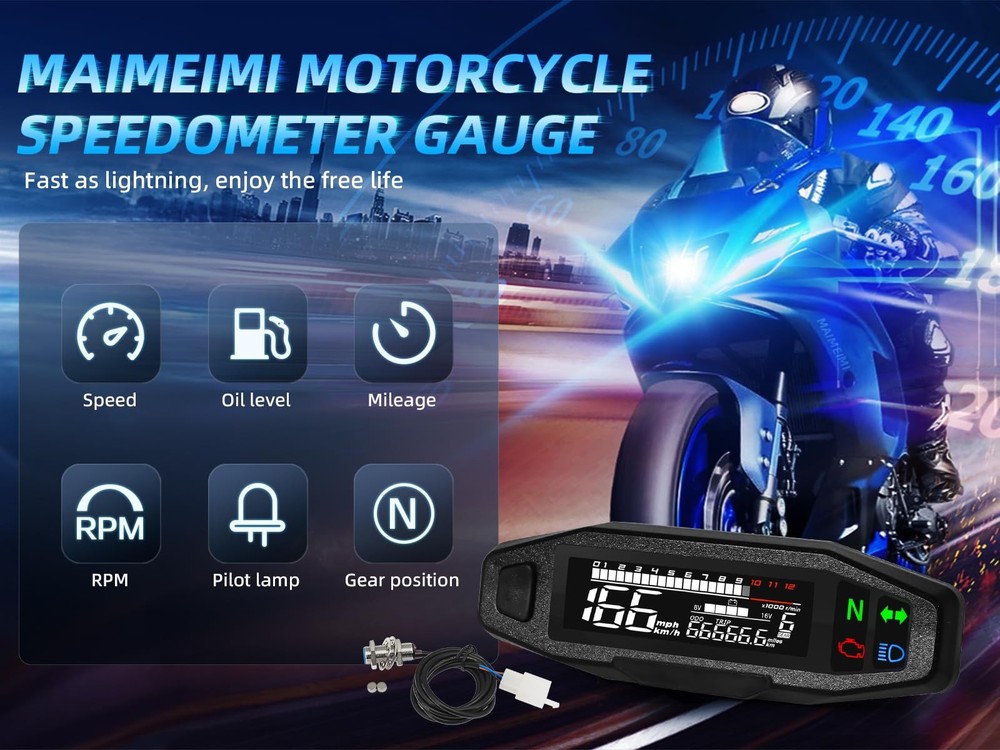 Motorcycle Digital Speedometer, Tachometer with LCD Display, Indicator, Rear...