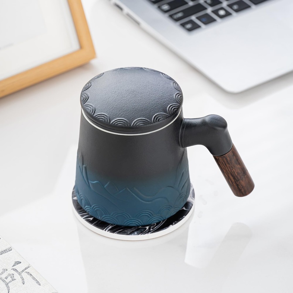 Ceramic Tea Cup with Infuser and Lid, 13.5oz Gradient Blue Tea Strainer Mug f...