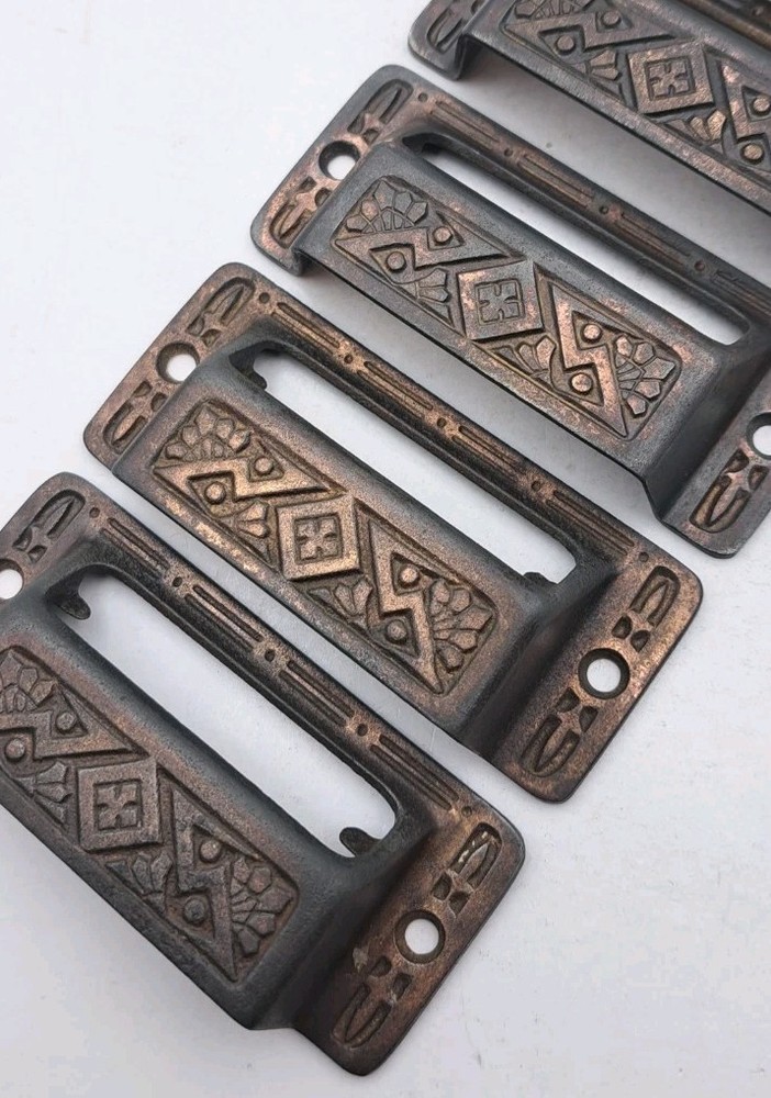 Antique Card Label Bin Pulls Drawer Pull Handle Vintage Metal Hardware Set of 6