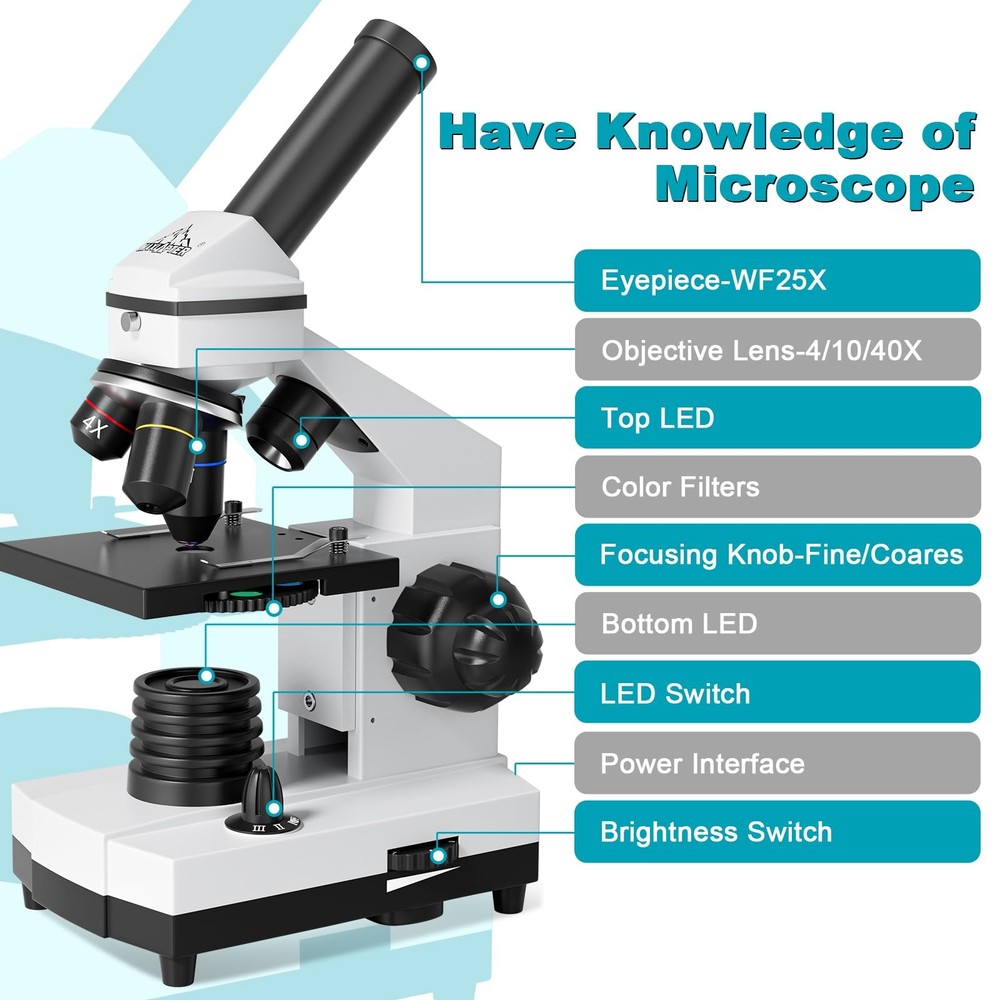 Microscope for Adults Kids Students 100-2000x Powerful WR855(White)