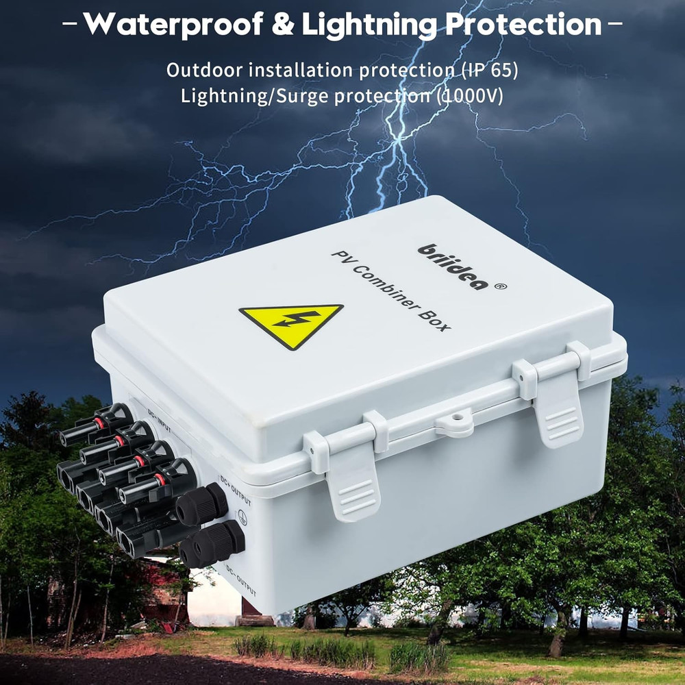 Solar Combiner Box, 4-String PV Combiner Box with 10A Circuit Breakers & Lightn