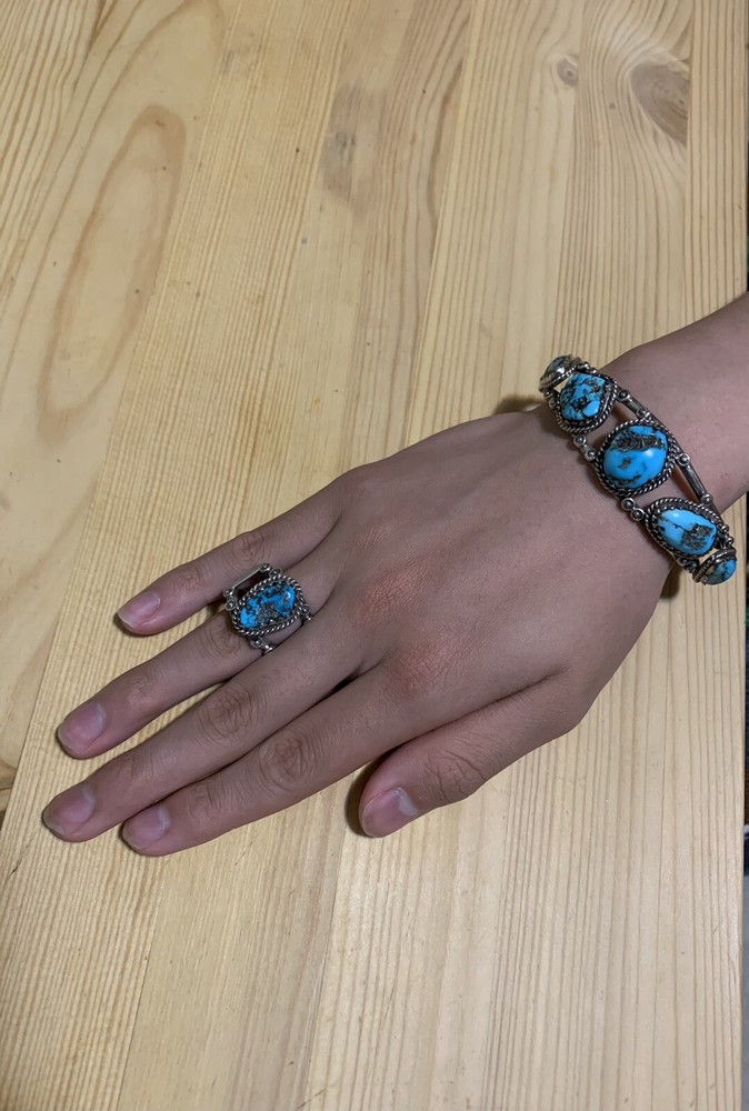 NEW NATIVE AMERICAN STERLING SILVER TURQUOISE ADJUSTABLE RING AND BRACELET SET