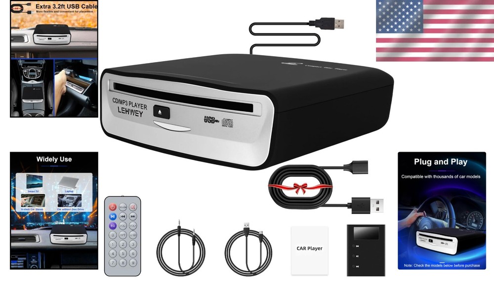 Universal External CD Player for Car with Remote Control & USB Extension Cable