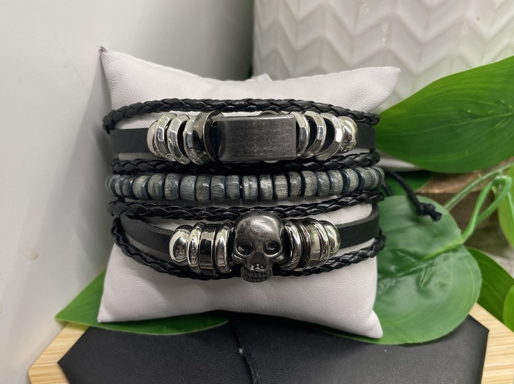 3 PC Leather Bracelet  Stackable Adjustable Tie Free Ship Skull Charm B5200