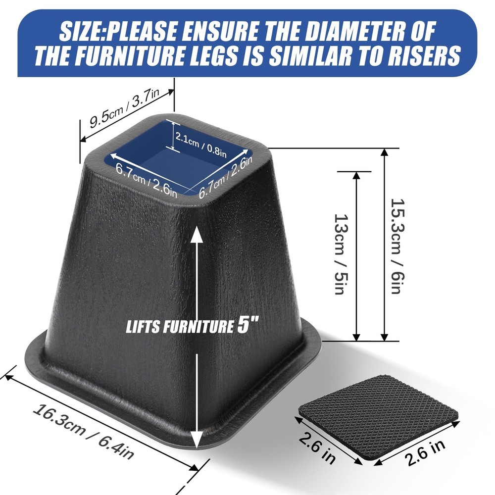 Heavy Duty Bed Risers 4 Pack 6 inch Black Create Under Bed Storage for Frame