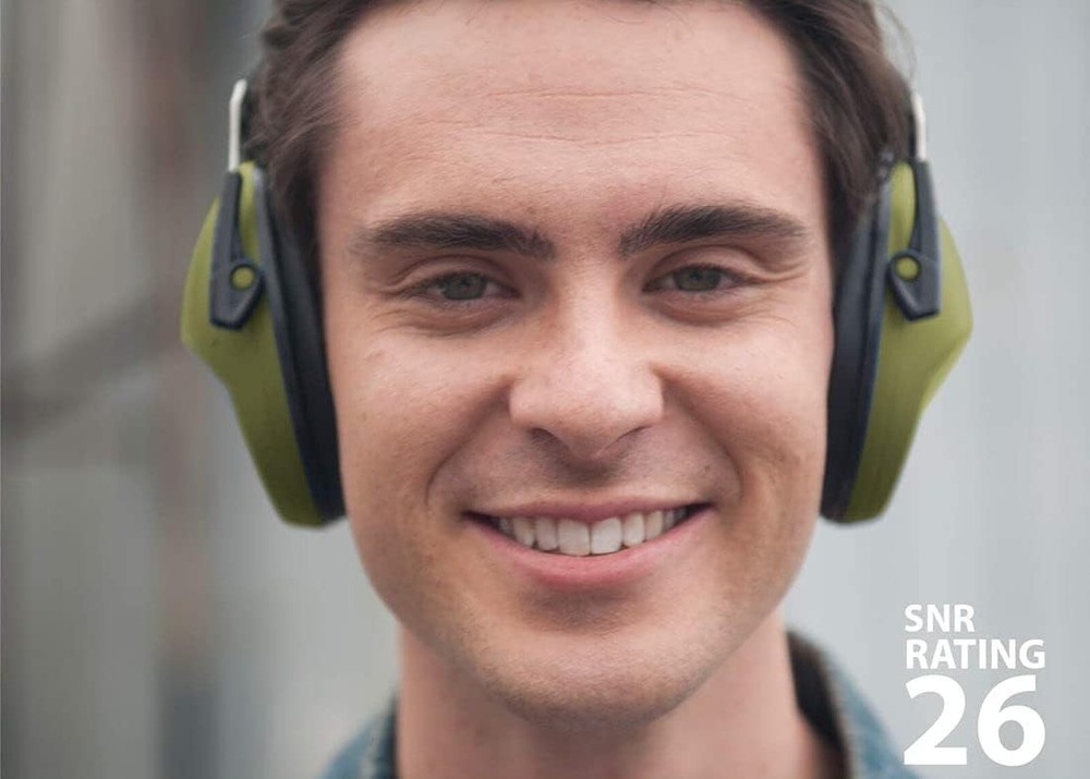 Earmuff hearing protection with low profile passive folding design 26dB NRR a...