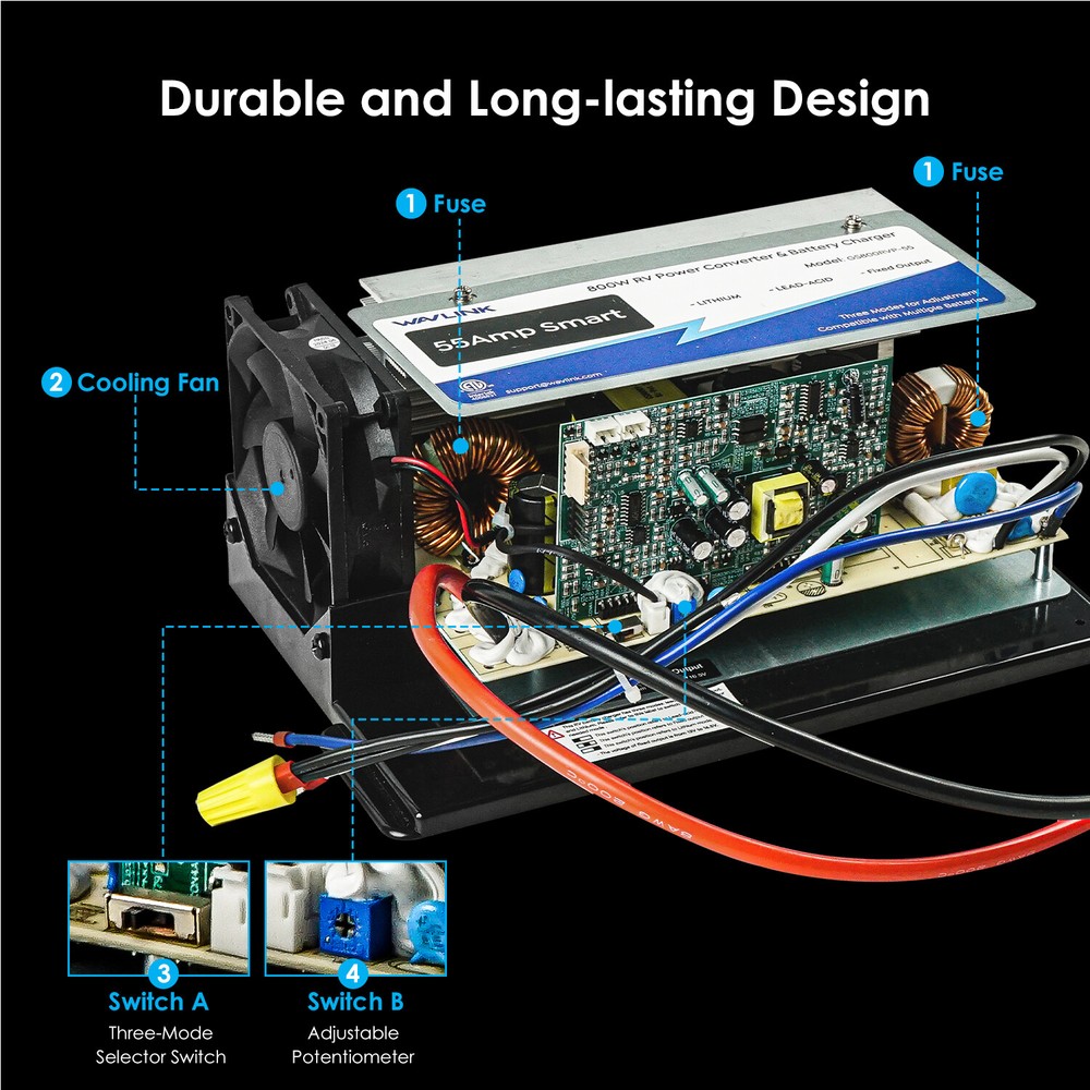 RV Power Converter 55A 120V AC to 12V DC Battery Charger w/3 Smart Charging Mode