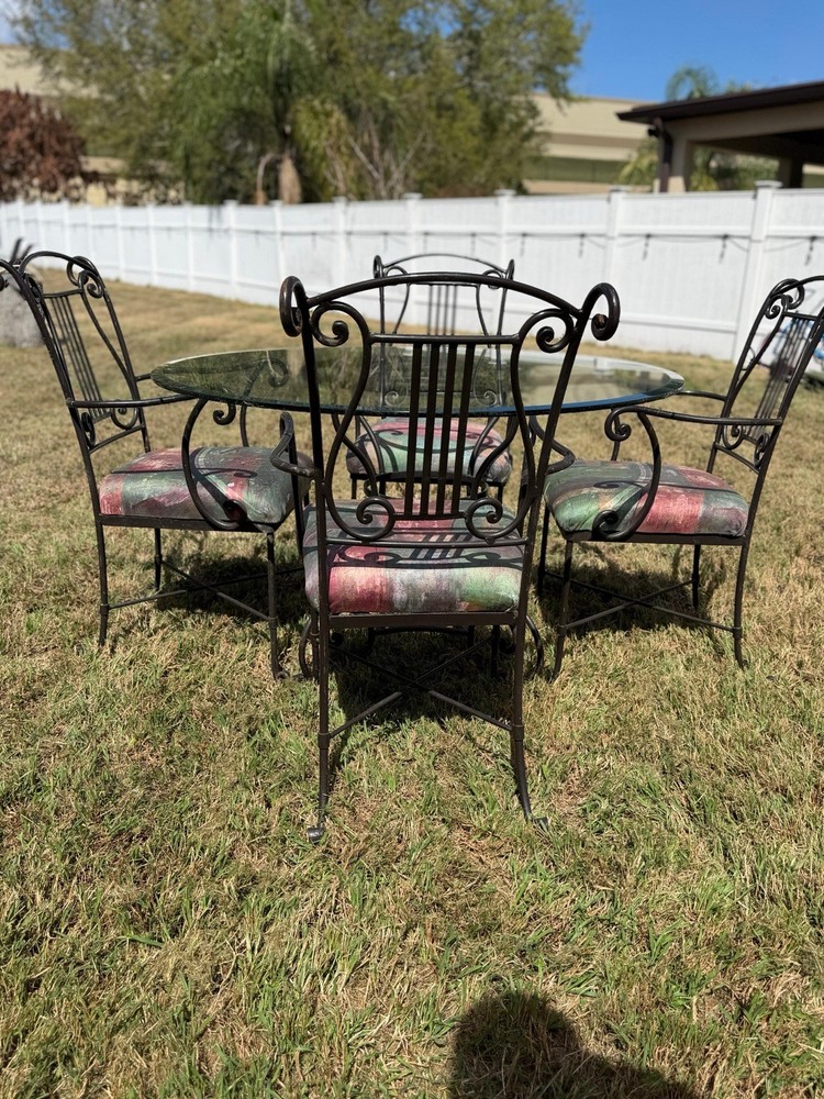 Wrought Iron Style Glass Top Dining Table Set with 4 Chairs