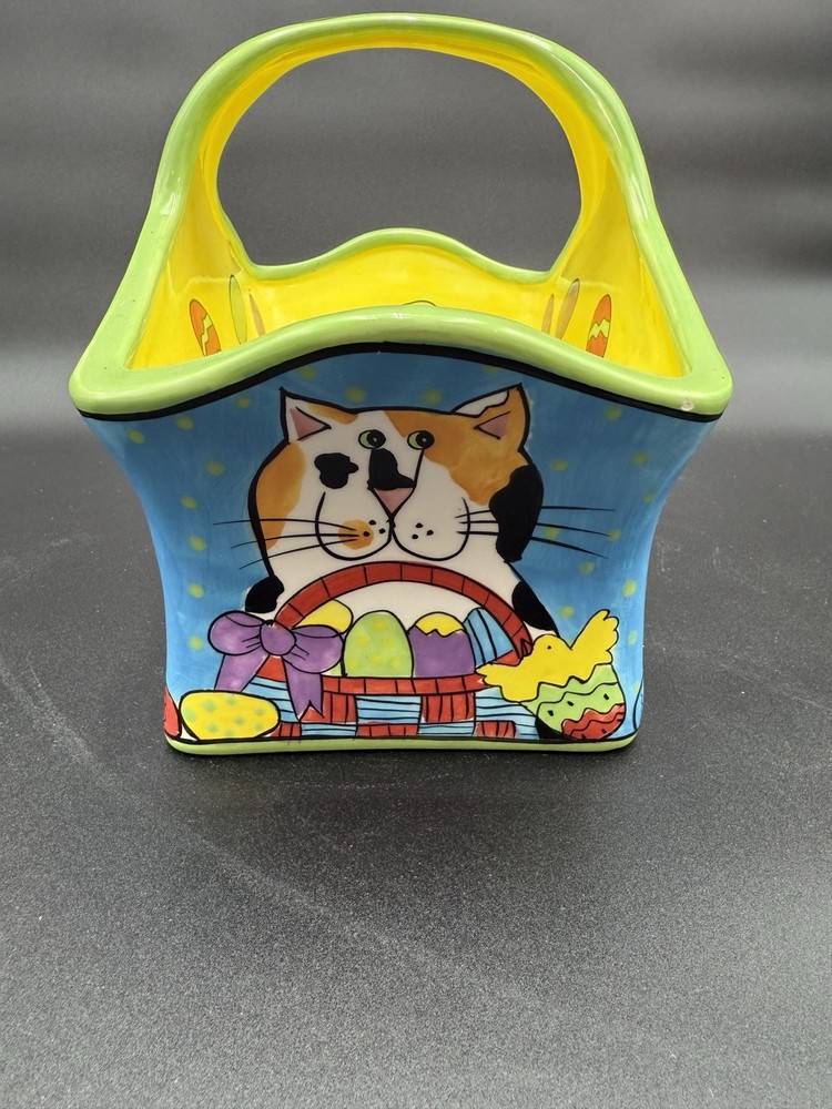 2001 Candace Reiter 'CATZILLA' Ceramic Easter Basket Spring Decor