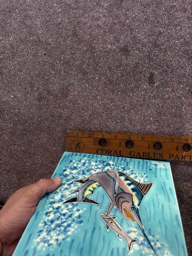 Marlin Hunting Fish Blue 8” Ceramic Tile with Backing & Stand